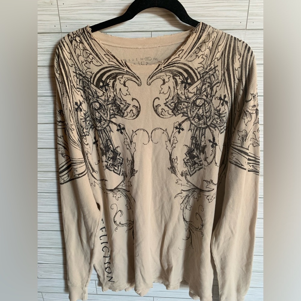 Vintage Affliction waffle knit Beige Graphic Long Sleeve Shirt